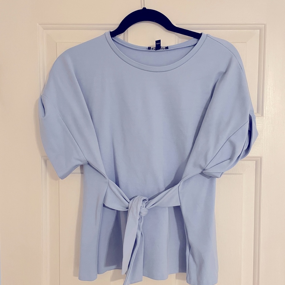 Express light blue tie front blouse | M